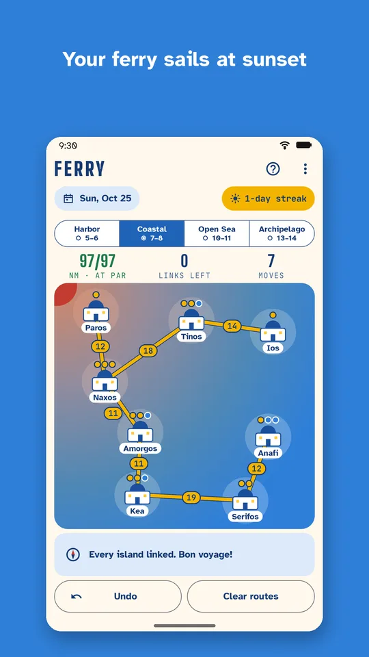 A solved map with the ferry routes drawn